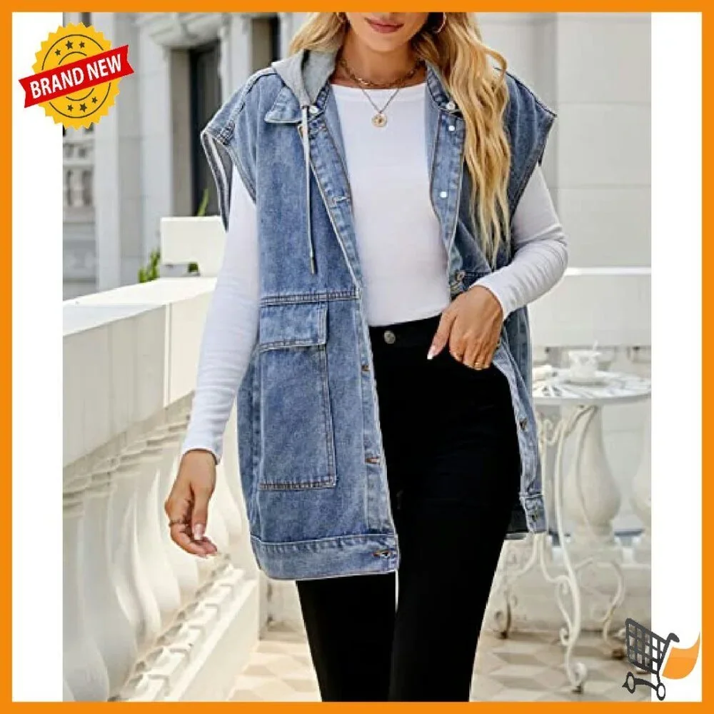 Oversized Denim Vest Sleeveless Jacket Distressed Cotton Mid-Long
